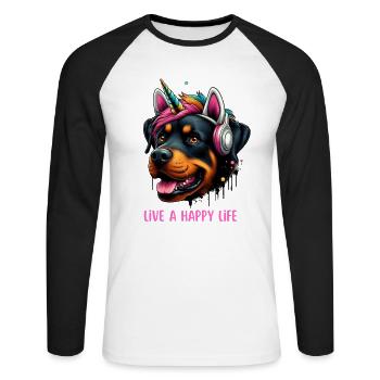 Live a Happy Life - Unicorn Rottweiler - Unisex Baseballshirt langarm - Weiß/Schwarz - Vorne - Nik (191cm)