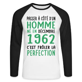 Anniversaire 60 ans - Né en Décembre 1962 - T-shirt baseball manches longues Homme - blanc/noir - Devant - Nik (191cm)