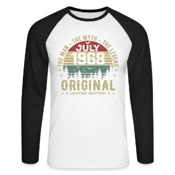 Juli 1968 Geburtstagsgeschenk Geboren im Juli - Unisex Baseballshirt langarm - Weiß/Schwarz - Vorne - Nik (191cm)