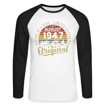 Août 1947 Cadeau Anniversaire 1947 Légendes Août - T-shirt baseball manches longues Homme - blanc/noir - Devant - Nik (191cm)