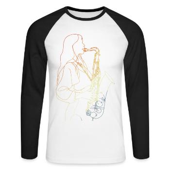Vintage Saxophonist Sketch - Unisex Long Sleeve Baseball T-Shirt - white/black - Front - Nik (191cm)