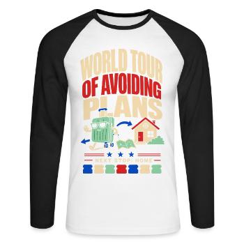 World tour without plans – Next stop at home - Unisex Long Sleeve Baseball T-Shirt - white/black - Front - Nik (191cm)