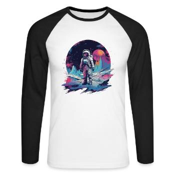 Astronaute sur une nouvelle planète dans le style rétro Sythwave - T-shirt baseball manches longues Homme - blanc/noir - Devant - Nik (191cm)