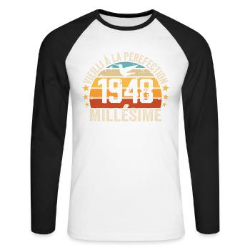 Millésime 1948 Cadeau D’anniversaire Rétro 1948 - T-shirt baseball manches longues Homme - blanc/noir - Devant - Nik (191cm)