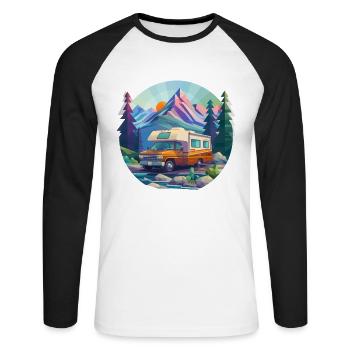 Camping à l’ancienne – Moderne dans un look low poly - T-shirt baseball manches longues Homme - blanc/noir - Devant - Nik (191cm)