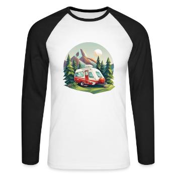 Camping à l’ancienne – Moderne dans un look low poly - T-shirt baseball manches longues Homme - blanc/noir - Devant - Nik (191cm)