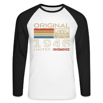 1946 Retro 1946 Geburtstagsgeschenk - Jahrgang 1946 - Unisex Baseballshirt langarm - Weiß/Schwarz - Vorne - Nik (191cm)
