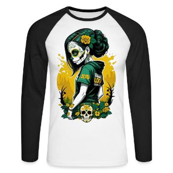 Sugar Skull Girl with Green Hair & Flowered Skull - Unisex Long Sleeve Baseball T-Shirt - white/black - Front - Nik (191cm)