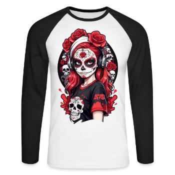 Sugar Skull Girl with Red Hair and White Headband - Unisex Long Sleeve Baseball T-Shirt - white/black - Front - Nik (191cm)