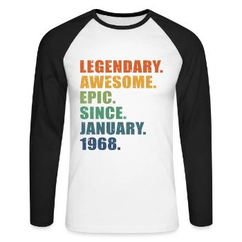 55e anniversaire, janvier 1968, 55e anniversaire - T-shirt baseball manches longues Homme - blanc/noir - Devant - Nik (191cm)