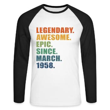 65th Birthday, March 1958, 65 Year Anniversary - Unisex Long Sleeve Baseball T-Shirt - white/black - Front - Nik (191cm)