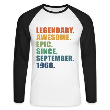 55e anniversaire, septembre 1968, 55e anniversaire - T-shirt baseball manches longues Homme - blanc/noir - Devant - Nik (191cm)