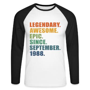 35e anniversaire, septembre 1988, 35e anniversaire - T-shirt baseball manches longues Homme - blanc/noir - Devant - Nik (191cm)