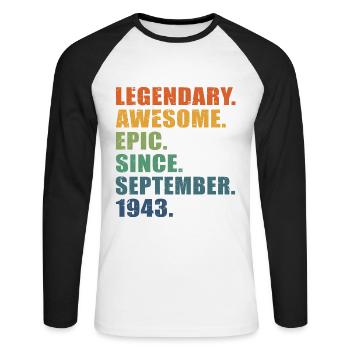 80e anniversaire, septembre 1943, 80e anniversaire - T-shirt baseball manches longues Homme - blanc/noir - Devant - Nik (191cm)