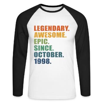 25th Birthday, October 1998, 25 Year Anniversary - Unisex Long Sleeve Baseball T-Shirt - white/black - Front - Nik (191cm)