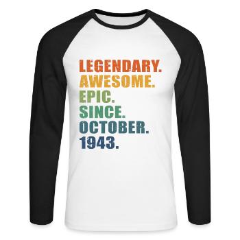 80e anniversaire, octobre 1943, 80e anniversaire - T-shirt baseball manches longues Homme - blanc/noir - Devant - Nik (191cm)