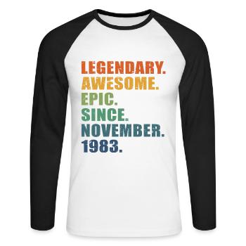 40th Birthday, November 1983, 40 Year Anniversary - Unisex Long Sleeve Baseball T-Shirt - white/black - Front - Nik (191cm)