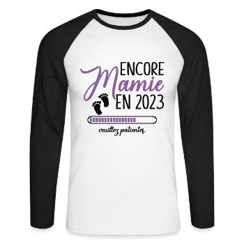 Encore Mamie 2023 Cadeau Future Grand Mère - T-shirt baseball manches longues Homme - blanc/noir - Devant - Nik (191cm)