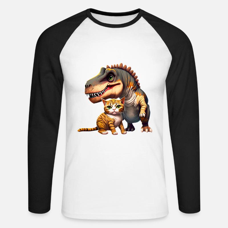 Katze schmust mit T-Rex - Unisex Baseballshirt langarm - Weiß/Schwarz