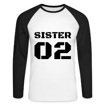 T-shirt design with lettering "Sister 02" - Unisex Long Sleeve Baseball T-Shirt - white/black - Front - Nik (191cm)