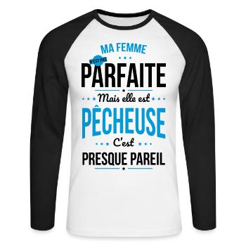 Ma femme n'est pas parfaite mais elle est pêcheuse - T-shirt baseball manches longues Homme - blanc/noir - Devant - Nik (191cm)