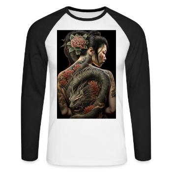 Geisha Yakuza Tatouage Dragon Japonais - T-shirt baseball manches longues Homme - blanc/noir - Devant - Nik (191cm)
