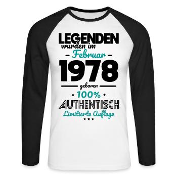 45. Geburtstag - Legenden wurden im Februar 1978 - Unisex Baseballshirt langarm - Weiß/Schwarz - Vorne - Nik (191cm)