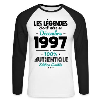 Anniversaire 25 ans - Fabriqué en Décembre 1997 - T-shirt baseball manches longues Homme - blanc/noir - Devant - Nik (191cm)