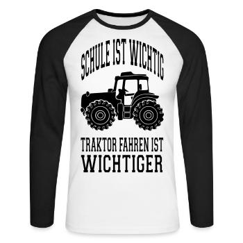 TRAKTOR SPRUCH SCHULE IST WICHTIG TRAKTOR FAHREN - Unisex Baseballshirt langarm - Weiß/Schwarz - Vorne - Nik (191cm)