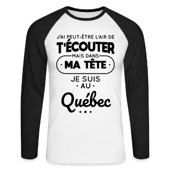 Dans ma tête je suis au Québec - T-shirt baseball manches longues Homme - blanc/noir - Devant - Nik (191cm)