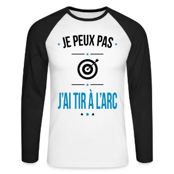 Je peux pas j'ai tir à l'arc - Cadeau humour - T-shirt baseball manches longues Homme - blanc/noir - Devant - Nik (191cm)