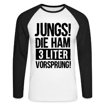 JUNGS, DIE HAM 3 LITER VORSPRUNG! ALKOHOL SPRUCH - Unisex Baseballshirt langarm - Weiß/Schwarz - Vorne - Nik (191cm)