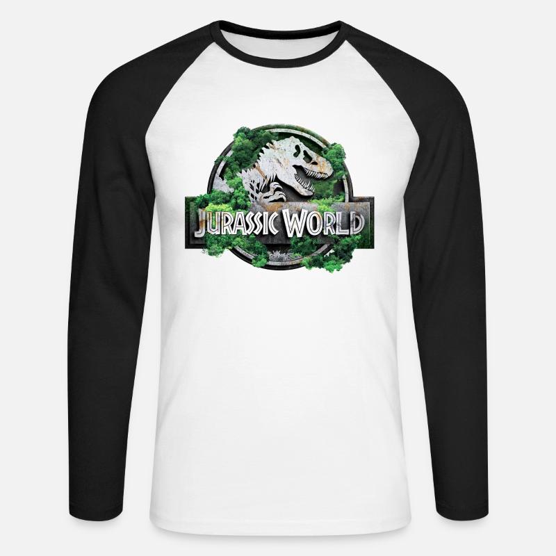 Logo di Jurassic World con T-Rex e alberi - Maglia da baseball a manica lunga da uomo - bianco/nero