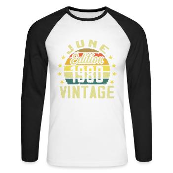 June 1980 June Retro Birthday Gift June 1980 - Unisex Long Sleeve Baseball T-Shirt - white/black - Front - Nik (191cm)