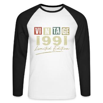 Jahrgang 1991 Original Jubiläumsgeschenk 1991 - Unisex Baseballshirt langarm - Weiß/Schwarz - Vorne - Nik (191cm)