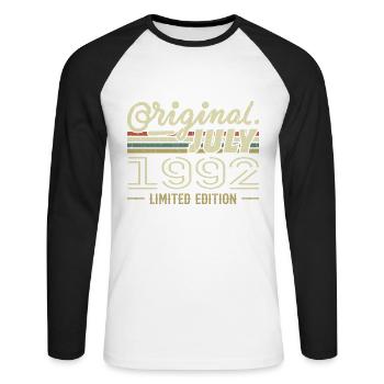 Juli 1992 Original 1992 Geburtstagsgeschenk - Unisex Baseballshirt langarm - Weiß/Schwarz - Vorne - Nik (191cm)