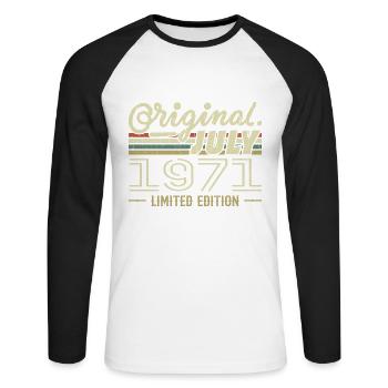 Juli 1971 Original Geburtstagsgeschenk 1971 - Unisex Baseballshirt langarm - Weiß/Schwarz - Vorne - Nik (191cm)