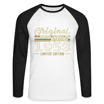 Juli 1958 Original Geburtstagsgeschenk 1958 - Unisex Baseballshirt langarm - Weiß/Schwarz - Vorne - Nik (191cm)
