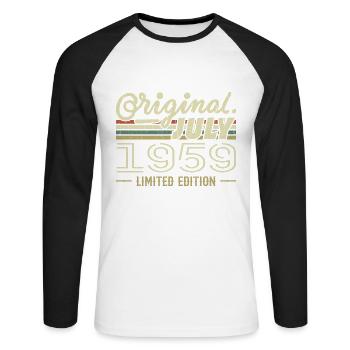 Juli 1959 Original Geburtstagsgeschenk 1959 - Unisex Baseballshirt langarm - Weiß/Schwarz - Vorne - Nik (191cm)
