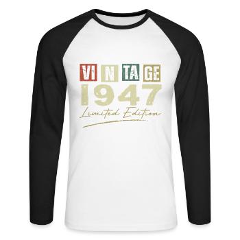 Vintage 1947 Original 1947 Anniversary Gift - Unisex Long Sleeve Baseball T-Shirt - white/black - Front - Nik (191cm)