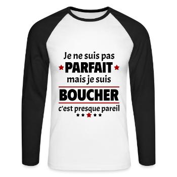 Pas parfait mais boucher, fête des pères, noël - T-shirt baseball manches longues Homme - blanc/noir - Devant - Nik (191cm)