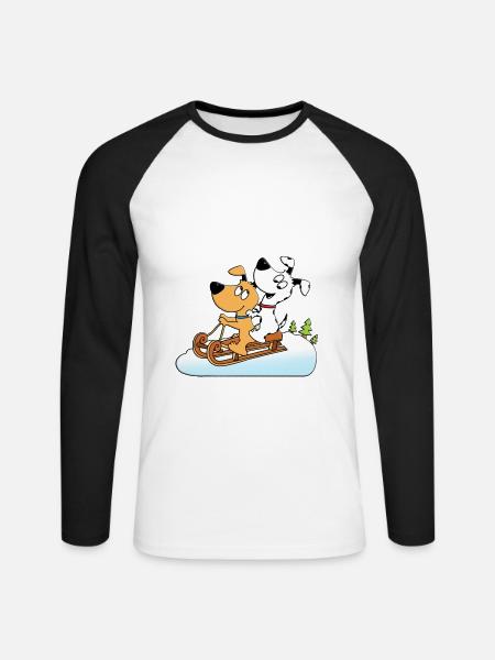 SCHNEE - SCHLITTENFAHREN - RODELN - HUNDE - Unisex Baseballshirt langarm - Weiß/Schwarz