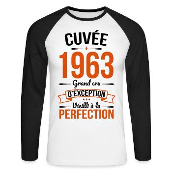 Anniversaire 60 ans - Cuvée 1963 - Cadeau Humour - T-shirt baseball manches longues Homme - blanc/noir - Devant - Nik (191cm)