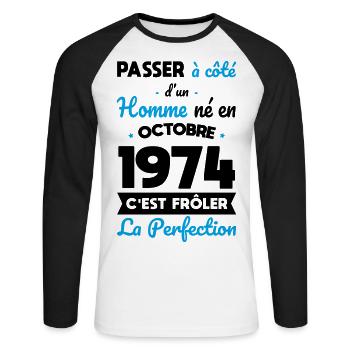 50th Anniversary - Born in October 1974 - Unisex Long Sleeve Baseball T-Shirt - white/black - Front - Nik (191cm)
