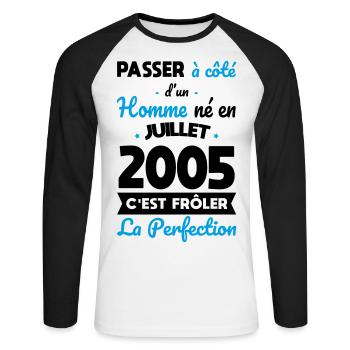 Anniversaire 20 ans - Né en Juillet 2005 - T-shirt baseball manches longues Homme - blanc/noir - Devant - Nik (191cm)