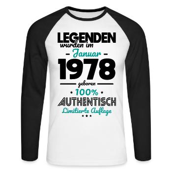 45. Geburtstag - Legenden wurden im Januar 1978 - Unisex Baseballshirt langarm - Weiß/Schwarz - Vorne - Nik (191cm)