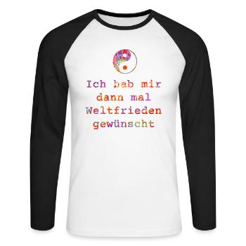 Ich habe mir dann mal Weltfrieden gewünscht - bunt - Unisex Baseballshirt langarm - Weiß/Schwarz - Vorne - Nik (191cm)