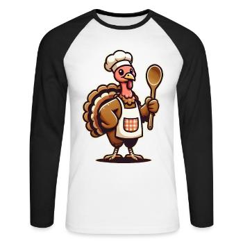 Dankbarer Truthahn im Chef-Schürzen-Design - Unisex Baseballshirt langarm - Weiß/Schwarz - Vorne - Nik (191cm)