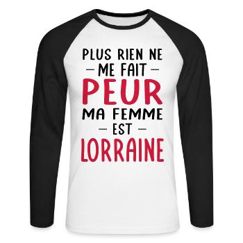 Rien ne me fait peur ma femme est Lorraine - T-shirt baseball manches longues Homme - blanc/noir - Devant - Nik (191cm)