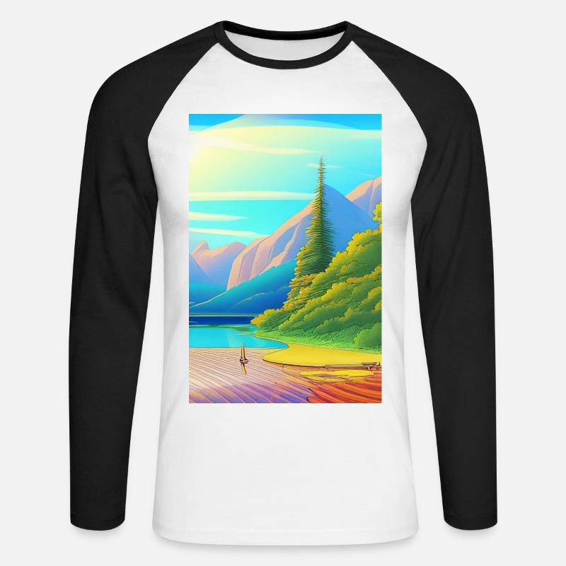Landschaft mit See, Boot und Berge - Unisex Baseballshirt langarm - Weiß/Schwarz